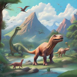 A vibrant and detailed illustration showcasing various dinosaurs in their natural habitat