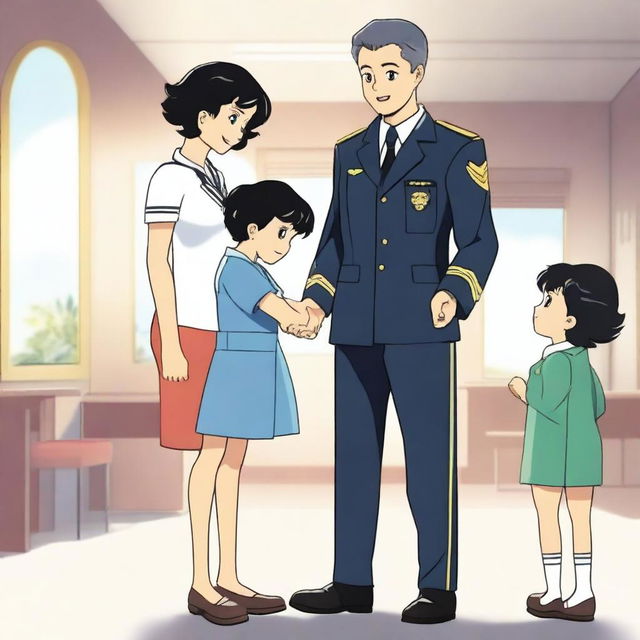 A man wearing a pilot uniform standing next to a woman with short black hair who is making a dress, accompanied by a little boy