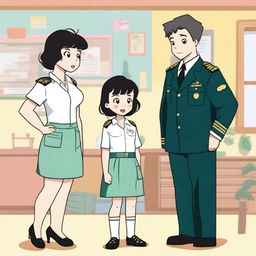 A man wearing a pilot uniform standing next to a woman with short black hair who is making a dress, accompanied by a little boy