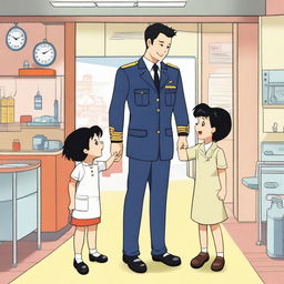 A man wearing a pilot uniform standing next to a woman with short black hair who is making a dress, accompanied by a little boy