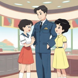 A man wearing a pilot uniform standing next to a woman with short black hair who is making a dress, accompanied by a little boy