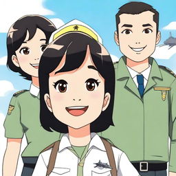 A man in a pilot uniform, a woman with short black hair, and a cute little boy standing together