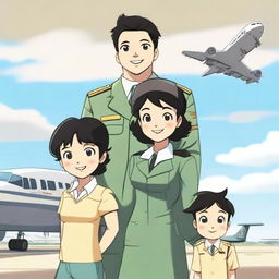 A man in a pilot uniform, a woman with short black hair, and a cute little boy standing together