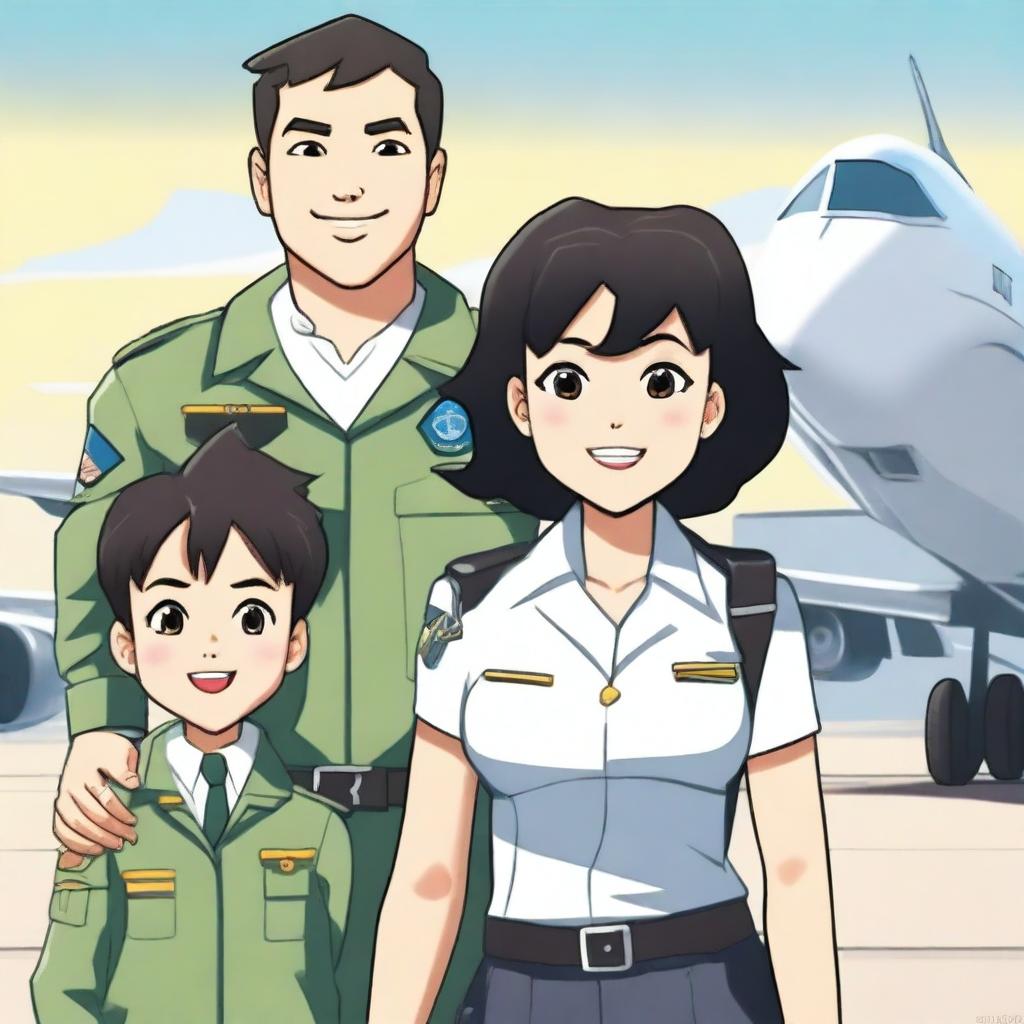 A man in a pilot uniform, a woman with short black hair, and a cute little boy standing together