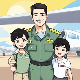 A man in a pilot uniform, a woman with short black hair, and a cute little boy standing together