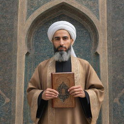 An artistic, respectful, and culturally accurate depiction of Imam Ali in traditional Islamic attire holding a Quran, featured against the backdrop of an ornately designed mosque architecture.