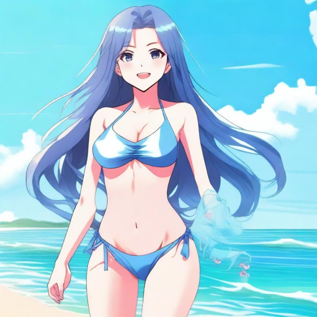 A hot anime girl in a bikini, standing on a sunny beach with clear blue water in the background