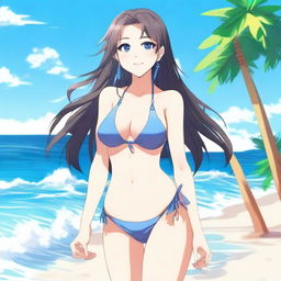 A hot anime girl in a bikini, standing on a sunny beach with clear blue water in the background