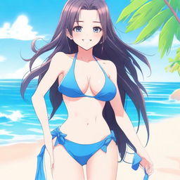 A hot anime girl in a bikini, standing on a sunny beach with clear blue water in the background