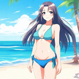 A hot anime girl in a bikini, standing on a sunny beach with clear blue water in the background