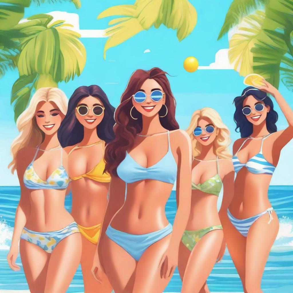 A group of hot girls in bikinis, standing on a sunny beach with clear blue water in the background