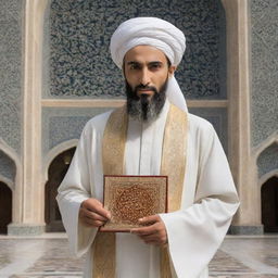 An artistic, respectful, and culturally accurate depiction of Imam Ali in traditional Islamic attire holding a Quran, featured against the backdrop of an ornately designed mosque architecture.