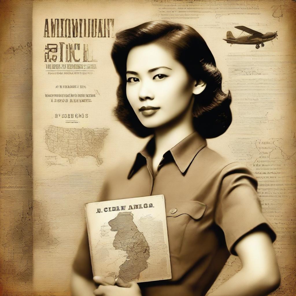 Create a vintage-themed book cover depicting a woman from 2024 traveling back to World War II-era Philippines