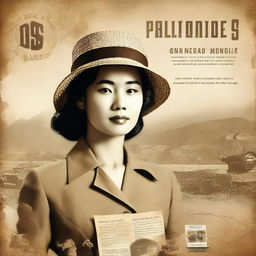 Create a vintage-themed book cover depicting a woman from 2024 traveling back to World War II-era Philippines