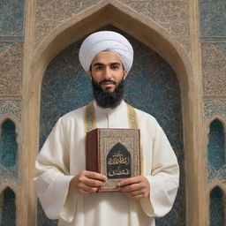 An artistic, respectful, and culturally accurate depiction of Imam Ali in traditional Islamic attire holding a Quran, featured against the backdrop of an ornately designed mosque architecture.