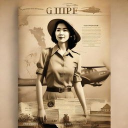 Create a vintage-themed book cover depicting a woman from 2024 traveling back to World War II-era Philippines