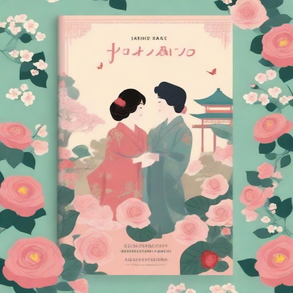 Design a book cover that evokes a sense of historical romance and enchantment with a glowing enchanted Japanese rose at the center