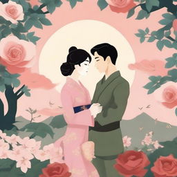 Design a book cover that evokes a sense of historical romance and enchantment with a glowing enchanted Japanese rose at the center