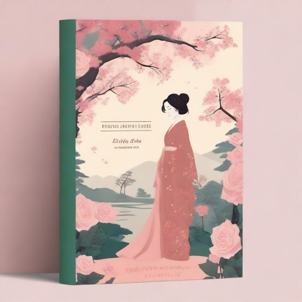 Design a book cover that evokes a sense of historical romance and enchantment with a glowing enchanted Japanese rose at the center