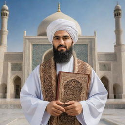 An artistic, respectful, and culturally accurate depiction of Imam Ali in traditional Islamic attire holding a Quran, featured against the backdrop of an ornately designed mosque architecture.