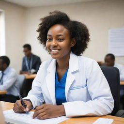 A radiant young black woman actively designing an innovative software solution targeting healthcare challenges in Ethiopia and Africa. Celebratory scenes of people experiencing an improved quality of health envelop her.