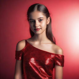 A 15-year-old girl dressed in glamorous red attire poses in a studio photoshoot