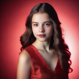 A 15-year-old girl dressed in glamorous red attire poses in a studio photoshoot