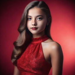 A 15-year-old girl dressed in glamorous red attire poses in a studio photoshoot