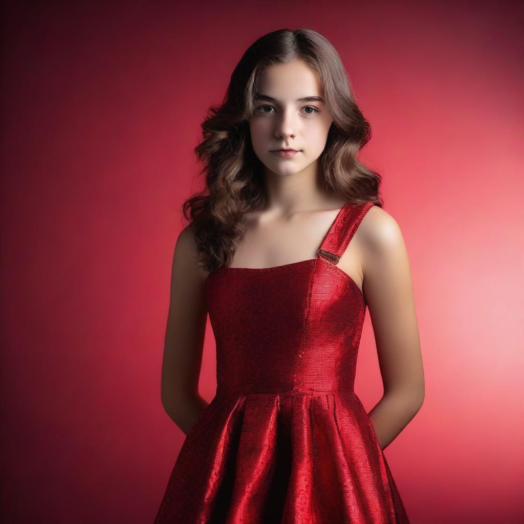 A 15-year-old girl dressed in glamorous red attire poses in a studio photoshoot