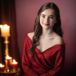 A 15-year-old girl dressed in glamorous red attire poses in a studio photoshoot