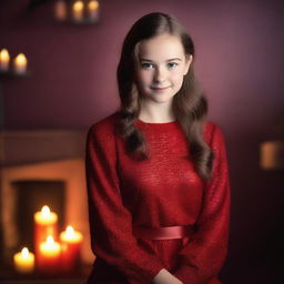 A 15-year-old girl dressed in glamorous red attire poses in a studio photoshoot