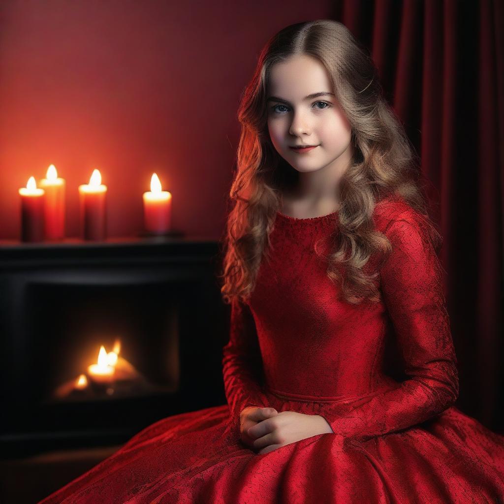 A 15-year-old girl dressed in glamorous red attire poses in a studio photoshoot