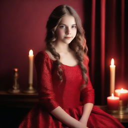 A 15-year-old girl dressed in glamorous red attire poses in a studio photoshoot