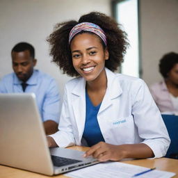 A radiant young black woman actively designing an innovative software solution targeting healthcare challenges in Ethiopia and Africa. Celebratory scenes of people experiencing an improved quality of health envelop her.