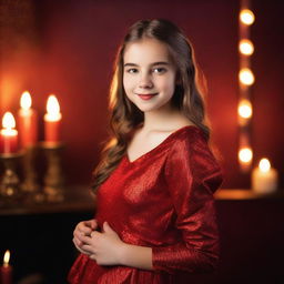 A 15-year-old girl dressed in glamorous red attire, posing in a studio photoshoot