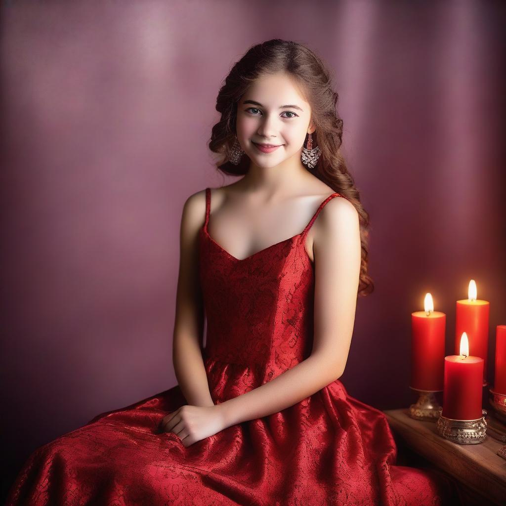 A 15-year-old girl dressed in glamorous red attire, posing in a studio photoshoot