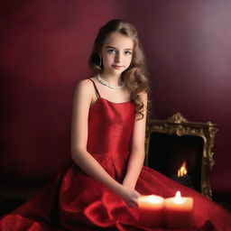 A 15-year-old girl dressed in glamorous red attire, posing in a studio photoshoot