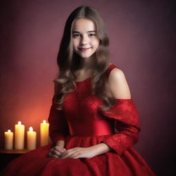 A 15-year-old girl dressed in glamorous red attire, posing in a studio photoshoot