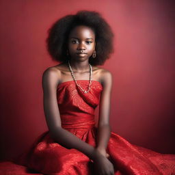 A 15-year-old African girl dressed in glamorous red attire, posing in a studio photoshoot