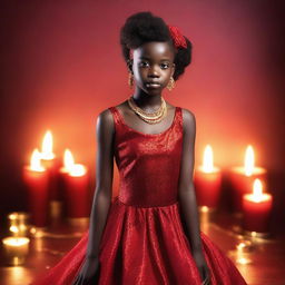 A 15-year-old African girl dressed in glamorous red attire, posing in a studio photoshoot