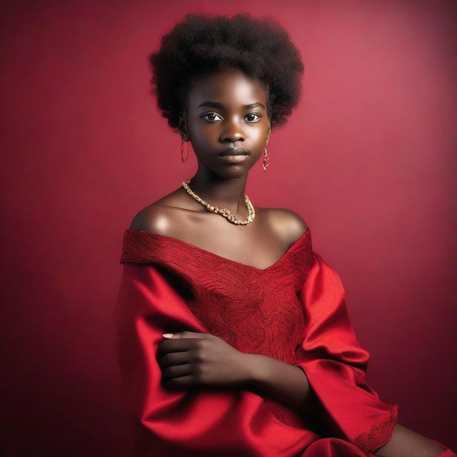 A 15-year-old African girl dressed in glamorous red attire, posing in a studio photoshoot