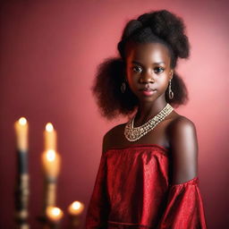 A 15-year-old African girl dressed in glamorous red attire, posing in a studio photoshoot