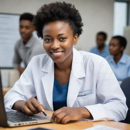 A radiant young black woman actively designing an innovative software solution targeting healthcare challenges in Ethiopia and Africa. Celebratory scenes of people experiencing an improved quality of health envelop her.