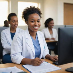 A radiant young black woman actively designing an innovative software solution targeting healthcare challenges in Ethiopia and Africa. Celebratory scenes of people experiencing an improved quality of health envelop her.