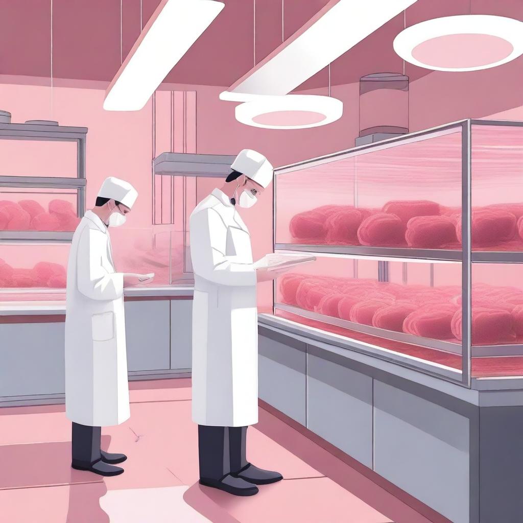 A detailed illustration of cultured meat being grown in a futuristic laboratory setting