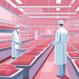 A detailed illustration of cultured meat being grown in a futuristic laboratory setting