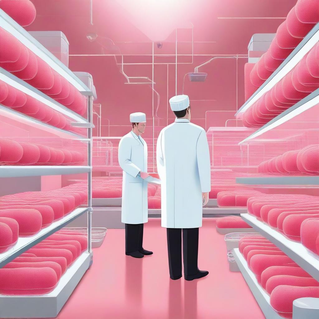 A detailed illustration of cultured meat being grown in a futuristic laboratory setting