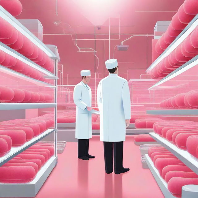 A detailed illustration of cultured meat being grown in a futuristic laboratory setting