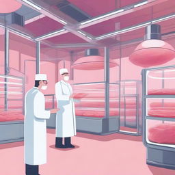 A detailed illustration of cultured meat being grown in a futuristic laboratory setting