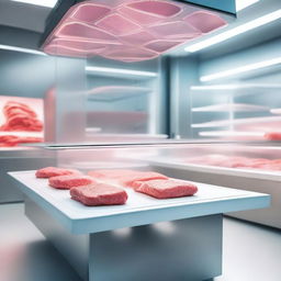 A futuristic kitchen showcasing lab-grown meat being prepared